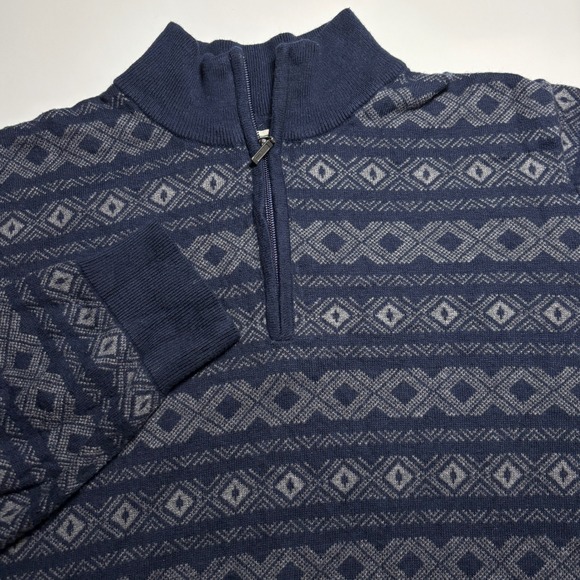 LL Bean Quarter Zip Sweater Fair Isle Mens XL Navy Cotton Cashmere Knit pullover - Picture 3 of 6